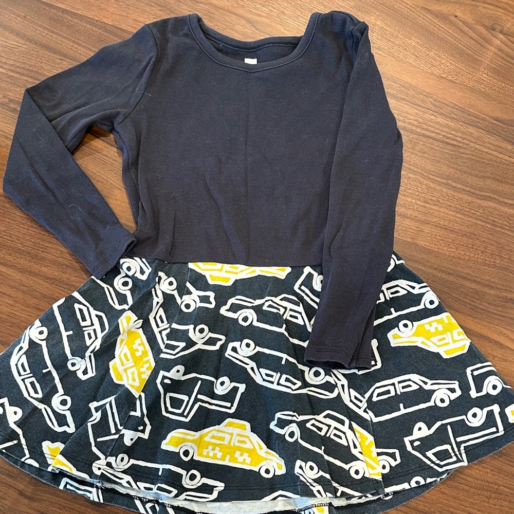 Tea Collection Black and Yellow Car Print Dress